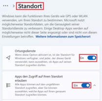 Windows Standortdienste mit markiertem Regler auf "Ein" neben den Optionen "Ortungsdienste" und "Apps den Zugriff auf Ihren Standort erlauben"