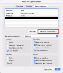 Outlook Kalenderoptionen mit markiertem Button "Benutzer hinzufügen"