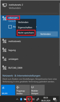 Windows WLAN einstellungen in der Taskleiste mit markiertem Eintrag für eduroam und der Option "Nicht speichern"