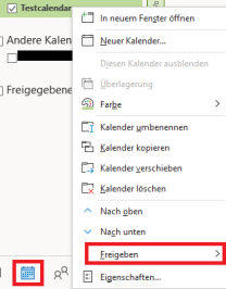 Kalenderansicht mit drop-down Menü und markierter Option "Freigeben"