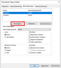 Kalendereigenschaften mit markiertem Button "Hinzufügen"
