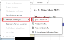Outlook Kalenderansicht mit drop-down Menü und markierter Option "Aus Adressbuch"