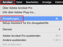 MacOS Menüleiste für Acrobat mit Drop-down Menü und markierter Option "Einstellungen"