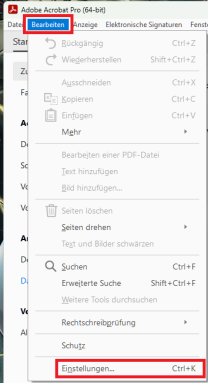 Adobe Menüleiste mit drop-down Menü für Reiter "Bearbeiten" und markierter Option "Einstellungen"