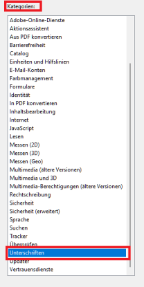 Adobe Einstellungen mit markierter Kategorie "Unterschriften"