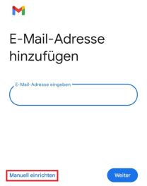 Mailkonfiguration mit Feld für Mailadresse und markierter Option "Manuell einrichten"