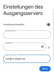 Mail Konfiguration mit eingetragenem SMPT-Server "mail.uni-siegen.de"