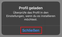 "profil geladen" Meldung mit markiertem "Schließen" Button