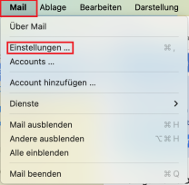 MacOS Menüleiste mit aufgeklapptem Menü für "Mail" und markierter Option "Einstellungen"