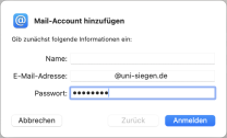Account Konfiguration mit Feldern für Nutzerdaten