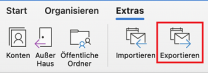 Outlook Reiter "Extras" mit markierter Option "Exportieren"