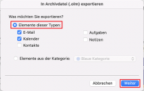 Mailexport Menü mit markierter Option "Elemente dieser Typen"