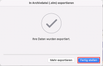Archivdatei exportieren Bestätigungsfenster mit markiertem "Fertig stellen" Button
