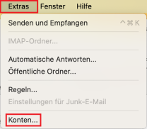Outlook Menü "Extras" mit markierter Option "Konten..."