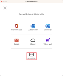 Anbieterübersicht mit markierter Option "IMAP/POP"