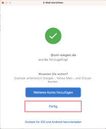 Bestätigungsfenster mit markiertem Button "Fertig"