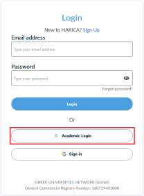 Harica Login mit markierter Option "Academic Login"