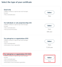 Zertifikatsauswahl mit markierter Option "For enterprises or organizations (IV+OV)