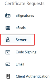 Harica Zertifikatsmanager Menü mit markiertem Reiter "Server"