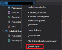 Thunderbird Mailübersicht mit Drop-down Menü und markierter Option "Einstellungen"