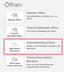 Outlook Menü mit markierter Option "Importieren/Exportieren"
