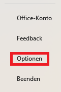 Outlook Reiter "Datei" Seitenleiste mit markiertem Menüpunkt "Optionen"
