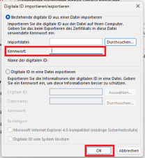 Digitale ID importieren/exportieren mit markiertem Feld für Zertifikatskennwort
