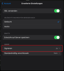 Erweiterte Einstellungen mit markierter Option "Signieren"