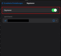 "Erweiterte Einstellungen" "Signieren" mit markiertem Schieber zu "Signieren"