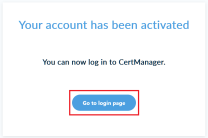 Bestätigung für Account Aktivierung mit markiertem "Go to login page" Button