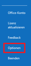 Outlook Seitenmenü "Datei" mit markiertem Menüpunkt "Optionen"