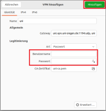 Profileinstellungen mit markierten Feldern für Nutzerkennung und Passwort