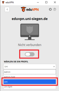 EduVPN, Auswahl des Uni-Profils