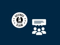 A oicture of some people discussing something in the right and a logo of ''science slam'' in the left.