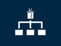 A simple white icon on a dark blue background showing a bubbling laboratory beaker above a branching flowchart with three connected boxes below.