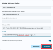 ChromeOS easyroam Profilansicht mit markiertem Button "Verbinden"