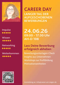 Plakat angeordnet wie ein Lebenslauf. Rechts oben Foto einer Frau, daneben links die Überschrift Career Day.