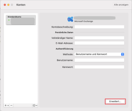Outlook Konteneinstellungen mit markiertem Konto und "Erweitert..." Button