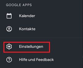 Google Apps Menü mit markierter Option "Einstellungen"