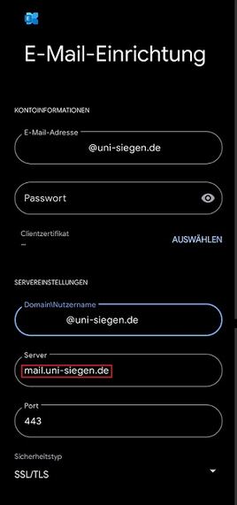 GMail E-Mail-Einrichtung mit Feld für Mailadresse, Passwort, Nutzerkennung und Server