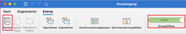 Outlook Reiter "Extras" mit markiertem Balken "Online/Offline" und markierter Option "Konten"