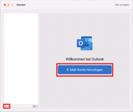 Outlook Kontenübersicht mit markiertm "+" Button und markiertem "E-Mail-Konto hinzufügen" Button