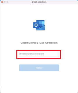 Outlook E-Mail-Einrichtung mit markiertem Feld zur Eingabe der Mailadresse