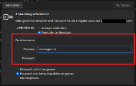 NAS-Anmeldung mit Feld für Nutzerkennung@uni-siegen.de und Passwort