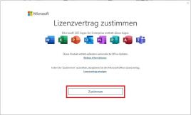 Microsoft Lizenzvertrag mit markiertem Button "Zustimmen"