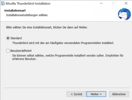 Thunderbird Installationsmanager mit angehakter Installationsart "Standard" und markiertem "Weiter" Button