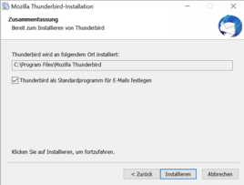 Thunderbird Installationsmanager mit angehakter Option "Thunderbird als Standardprogramm für E-Mails festlegen" und markiertem "Installieren" Button