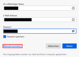 Thunderbird E-Mail-Einrichtung mit Feldern für Name, E-Mailadresse und Passwort und markierter Option "Manuell einrichten"