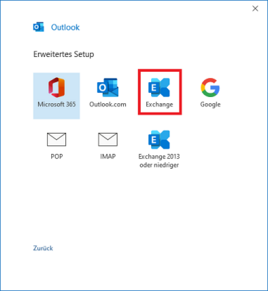 Outlook E-Mail-Einrichtung Anbieterübersicht mit markierter Option "Exchange"