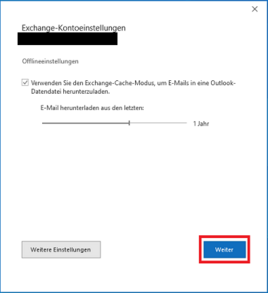 Outlook Exchange Kontoeinstellungen mit markiertem Button "Weiter"